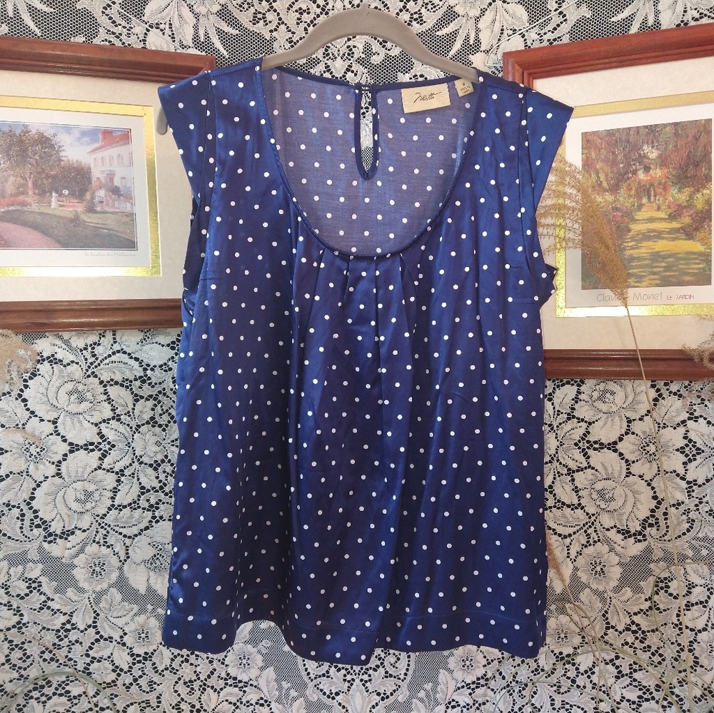 Motto navy blue white polka dots tunic blouse sleeveless cotton silk loose fit